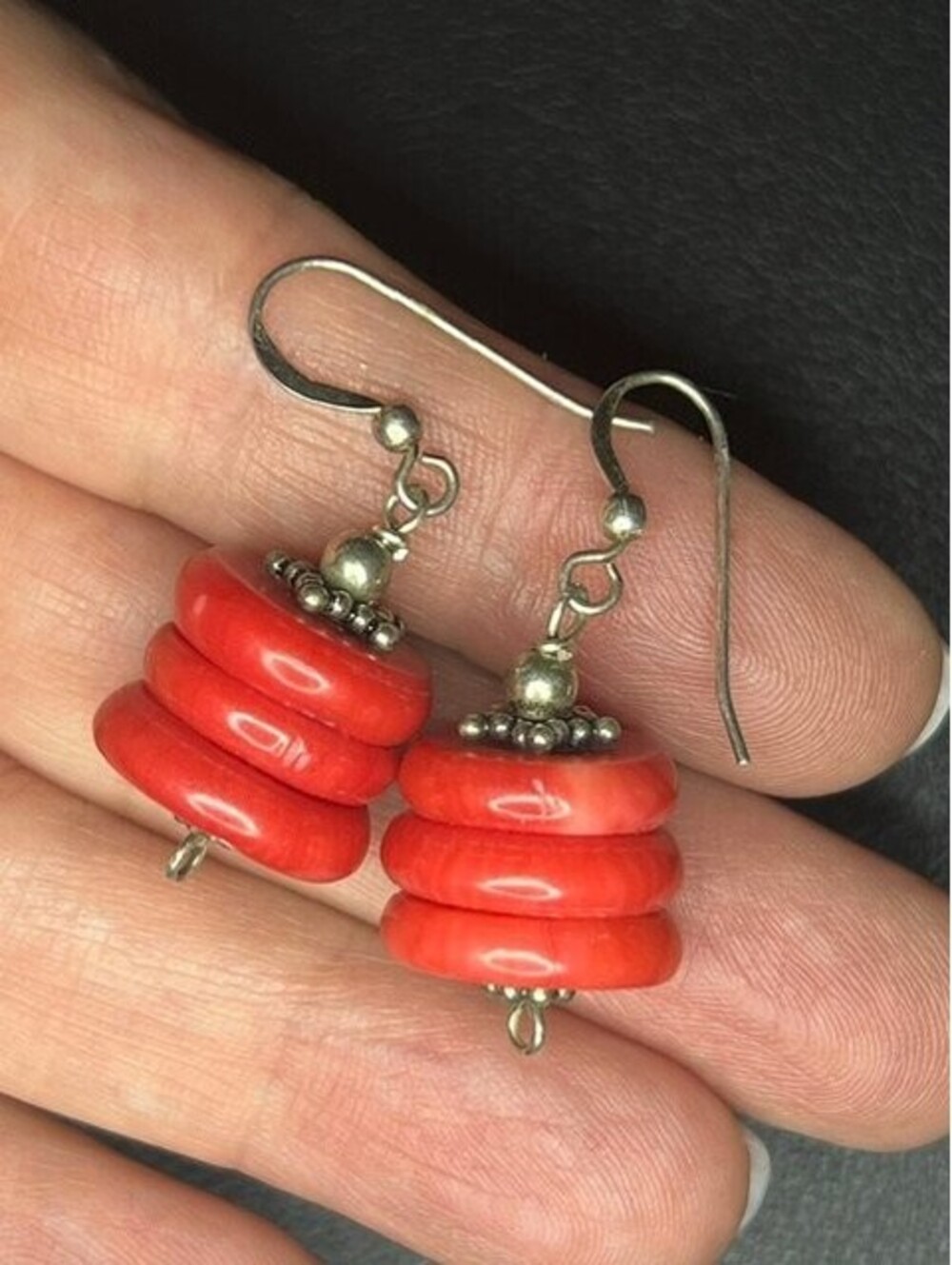 B7303 Vintage Sterling Silver Red Coral Stacked Dangle Earrings 1.5"